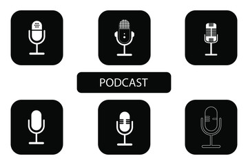 Set of Podcast logos. The white microphone icon in flat style on black background. Logo, application, user interface. Podcast radio icon. Studio table microphones.