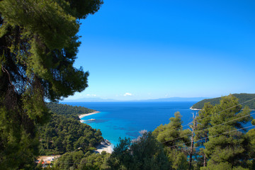 Fototapeta na wymiar Skopelos, Greece 5/23/2020. Kastani beach, ready for the tourist season, summer 2020