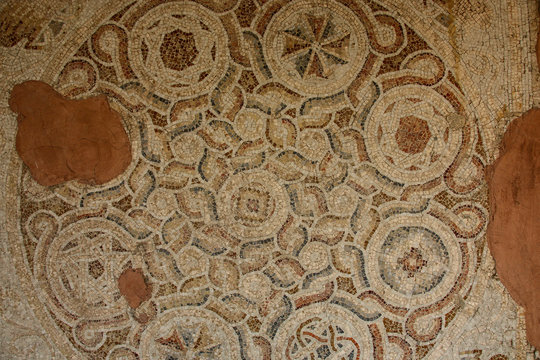 Ancient floor Byzantine mosaic from roman ruins at Umm Qais, ancient town of Gadara, Jordan