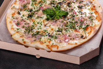 Fresh hot pizza with bacon, onions, greens and tomatoes made in an oven