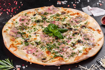 Fresh hot pizza with bacon, onions, greens and tomatoes made in an oven