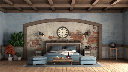 Rustic master bedrom with old walls and wooden double bed