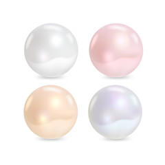 White, cream, pink and blue sea pearl on white background. Precious decoration. Vector illustration.