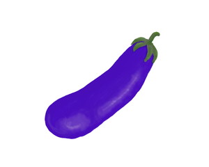 The eggplant is a long oval shape with dark purple skin and dark green rod.