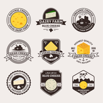 Set of cheese vintage badges and icons for dairies and cheese packaging and branding