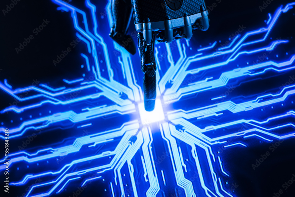 Poster digitalization concept: futuristic robot arms, finger touches screen button and activates ai system.