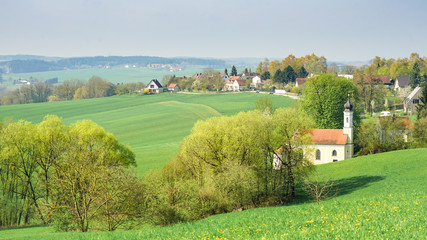 Fototapeta na wymiar Niederbayerische Hügellandschaft im Frühling mit Wallfahrtskapelle