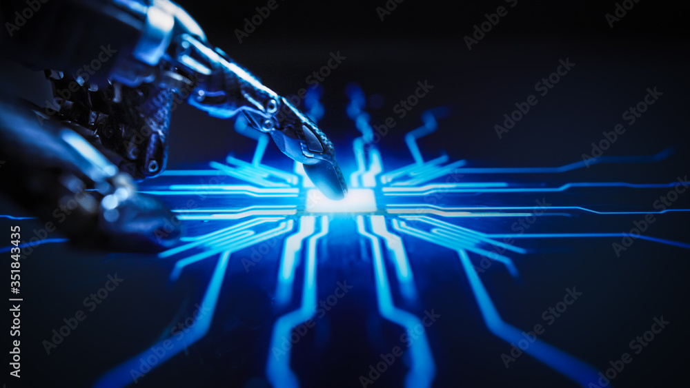 Poster digitalization concept: futuristic robot arms, finger touches screen button and activates ai system.