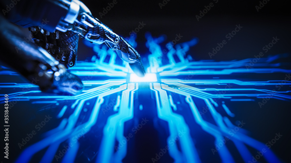 Poster digitalization concept: futuristic robot arms, finger touches screen button and activates ai system.