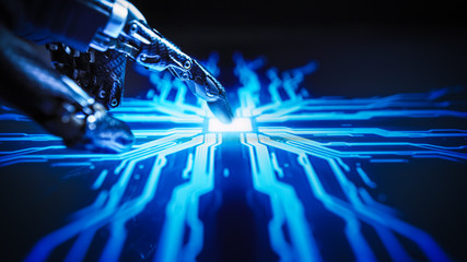 Digitalization Concept: Futuristic Robot Arms, Finger Touches Screen Button and Activates AI...