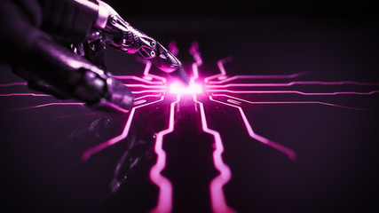 Cyber Security Hacking Concept: Rogue Artificial Intelligence Robot Hand Touches Screen and Creates...