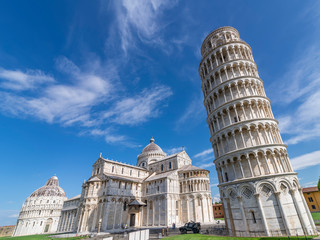 The famous Piazza dei Miracoli square and the leaning tower, in the historic center of Pisa, Italy, completely deserted due to the Covid-19 coronavirus pandemic