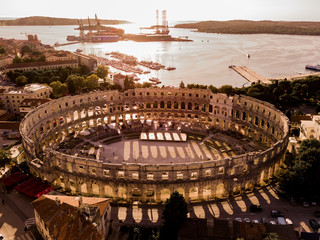 Aerial view of Pula Arena in the light of sunset