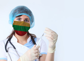 Scientist woman and mask with Lithuania flag. Research of viruses in laboratory for prevention of a...