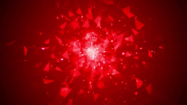 Abstract animation of beautiful red glass element shattering and exploding into shards on a crimson background. 4K 3D render shatter geometric triangular polygon glass particle with glittering light.