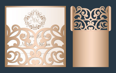 Laser cut wedding invitation template vector. Wedding openwork pocket envelope with abstract cutting ornament. Suitable for greeting cards, invitations, menus.