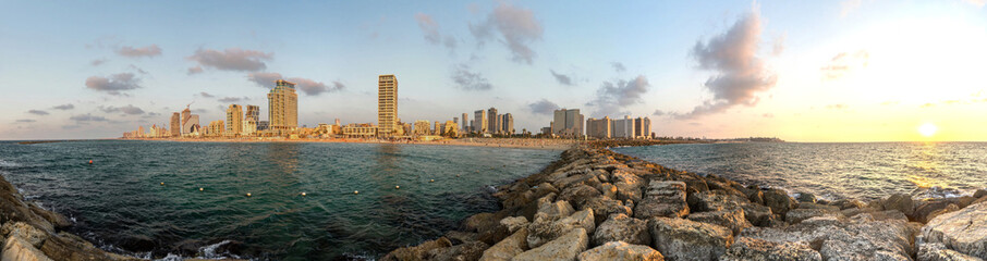 Panoramic view of Tel Aviv in the evening. Skyscrapers against the sky, Israel.