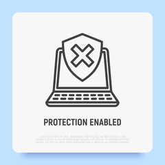 Protection enabled thin line icon. Opened laptop is protected by shield with cross mark. Vector illustration.