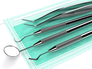 3d render dental diagnostic instruments lying on protective mask