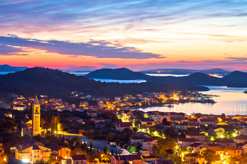 Murter island. Colorful sunset in town of Murter archipelago view, tourist destination in Dalmatia