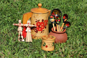 Traditional Russian Handicrafts: items made from birch bark, painted wooden spoons and homemade dolls.