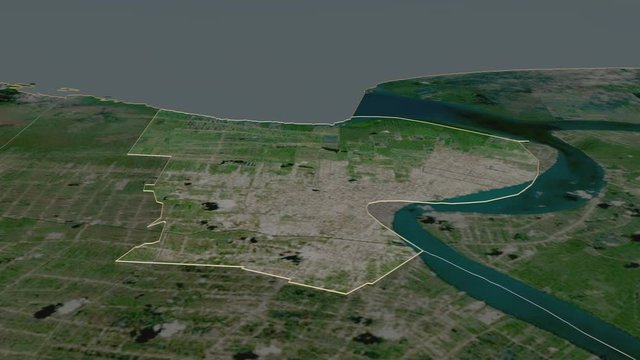 Paramaribo, district with its capital, zoomed and extruded on the satellite map of Suriname in the conformal Stereographic projection. Animation 3D