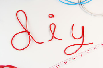 Construction tools DIY background concept. Flat lay composition with different construction tools on white  background.