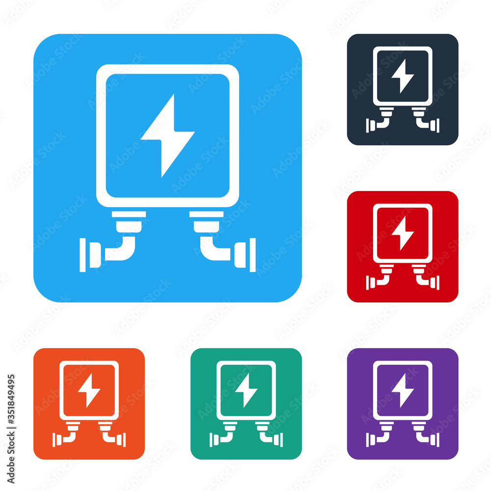 Poster white electric transformer icon isolated on white background. set icons in color square buttons. vec