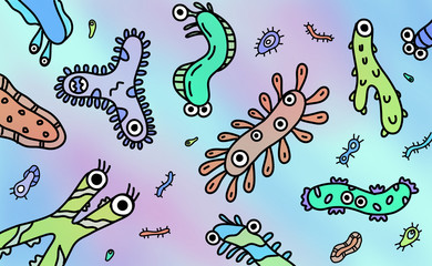 Colourful microscope creature characters. Microbe, parasite, bacteria, virus, worm, sperm. illustration set. On colourful background
