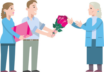 Fototapeta na wymiar Son and daughter give an elderly mother a bouquet of tulips, congratulate her mother on her mother's day, happy birthday. Flat vector graphics.