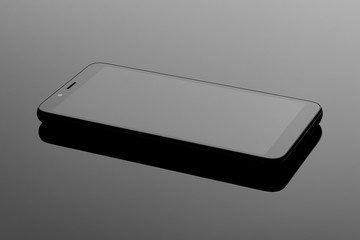 Black mobile smartphone on the surface with reflection