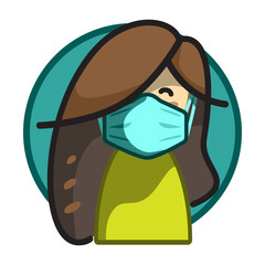 Icon depicting a girl in a medical mask in a cartoon style in green on a white background, isolated.