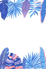 Fototapeta na wymiar Beautiful frame made of tropical leaves hand-drawn in blue-blue-pink colors.