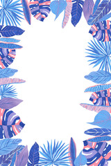 Fototapeta na wymiar Beautiful frame made of tropical leaves hand-drawn in blue-blue-pink colors.