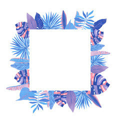 A square frame of tropical leaves, hand-drawn in blue, blue and pink colors.