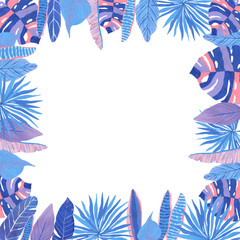 Fototapeta na wymiar A square frame of tropical leaves, hand-drawn in blue, blue and pink colors.