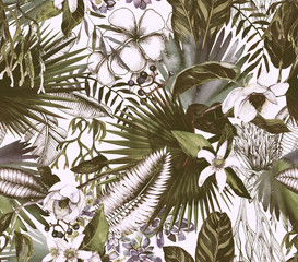Fototapeta premium Tropical black and white print with watercolor color spots. Tropical background with flowers and leaves.