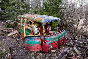 Bastnas, Sweden - APRIL 04, 2020: Last stop of the hippie camper van at Ivan's Junk Yard - a...