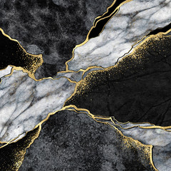 abstract background, black and white marble mosaic with golden veins, japanese kintsugi technique, fake painted artificial stone texture, marbled surface, digital marbling illustration - 351851669