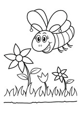 Flying Honey Bee with Flowers Children cartoon coloring book pages.