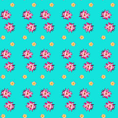 Colorful pattern with pink and yellow roses on a delicate blue background
