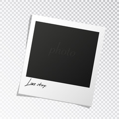 Square photo frame template, with a place for a signature, with shadows isolated on transparent background. vector illustration
