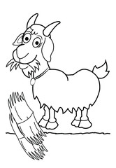 Cute goat with grass cartoon Black and white illustration