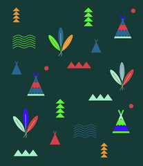 Native American Aztec geometric minimalist Indian summer seamless pattern. Fashionable vector stylized nature mountains forest adventure outdoors theme. Play camp tee pee. Editable design element. 