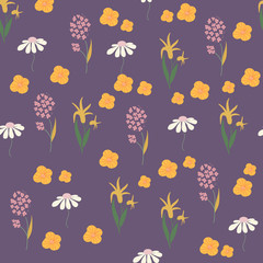 Garden full of flowers and leaves. High density, interesting endless pattern. Meadow on clothes or wrapping paper, wallpaper. Seamless vector illustration. Fabric, wrapper swatch. Doodle hand drawing.