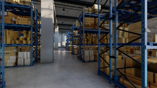 Boxes and the Racks Inside a Warehouse in Daytime 3D Rendering
