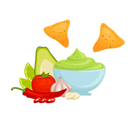 Guacamole in a bowl with nachos. National mexican snack isolated on white background. Vector illustration in flat style. Guacamole with ingredients side view.