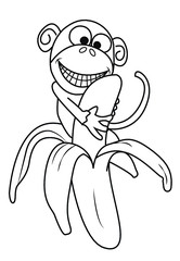 Cute monkey with banana cartoon Black and white illustration