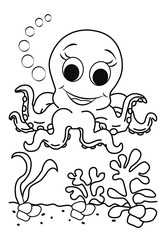 Cute octopus cartoon Black and white illustration