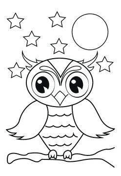 Cute owl cartoon Black and white illustration